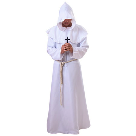 Medieval Priest Monk Robe Hooded Cap Halloween Cosplay Costume Cloak for Wizard Sorcerer - Size L (White)