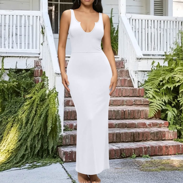 Vbvc Women's Notch V-Neck Bodycon Maxi Dress,Ladies Sleeveless Stretchy Slip Dress,Summer Casual Party Club Long Dresses For Women,White,S-2XL, Size: Vbvc Women's Notch V-Neck Bodycon Maxi Dress,Ladies Sleeveless Stretchy Slip Dress,Summer Casual Party Club Long Dresses For Women,White,S-2XL, Size: