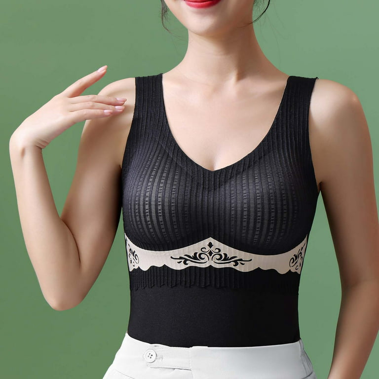 Women's Thermal Tank Top Thick Fleece Lined Thermal Underwear with Built-in  Bra Basic Layer Lace V Neck Camisoles