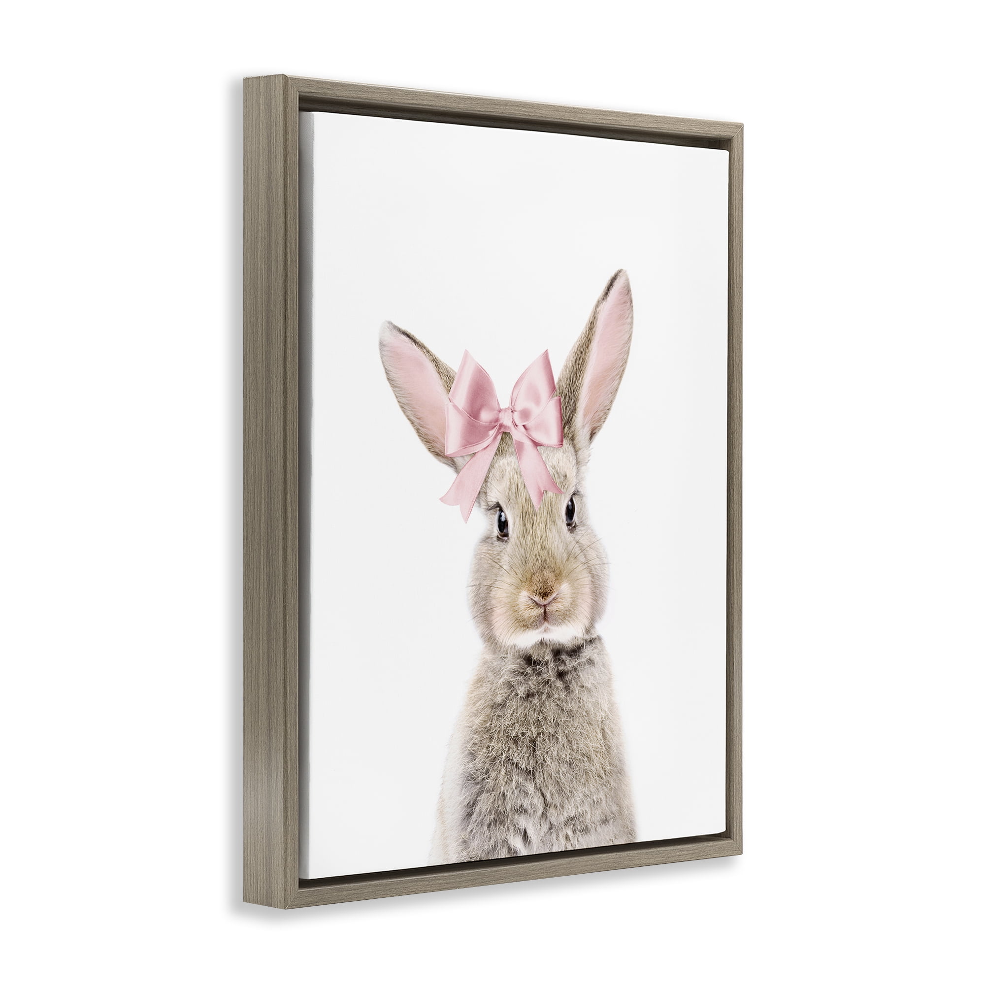 Stupell Industries Bunny with Pink Bow Animals Painting Brown Floater Framed Canvas Art Print Wall Art, 17 x 21