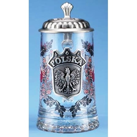 Polska Glass Beer Stein with Pewter Lid and Pewter Medallion by M. Cornell