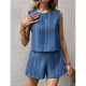thumbnail image 5 of Conjunto de Dos Piezas de Verano para Mujer: Camiseta de Tirantes y Pantalones Cortos con Cuello Redondo y Rayas Geométricas para Salir. Azul S, 5 of 7