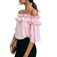 thumbnail image 2 of Women's Off Shoulder Ruffle Short Sleeve Chiffon Blouse Pink L, 2 of 7