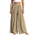 thumbnail image 3 of Women's Cotton Linen High Waist Tie Strap Pleated Wide Leg Pants, Elastic Waist Loose Pocket Resort Trousers, Soft Breathable Summer Bottoms for Travel Daily | TruHer,Khaki XL, 3 of 8