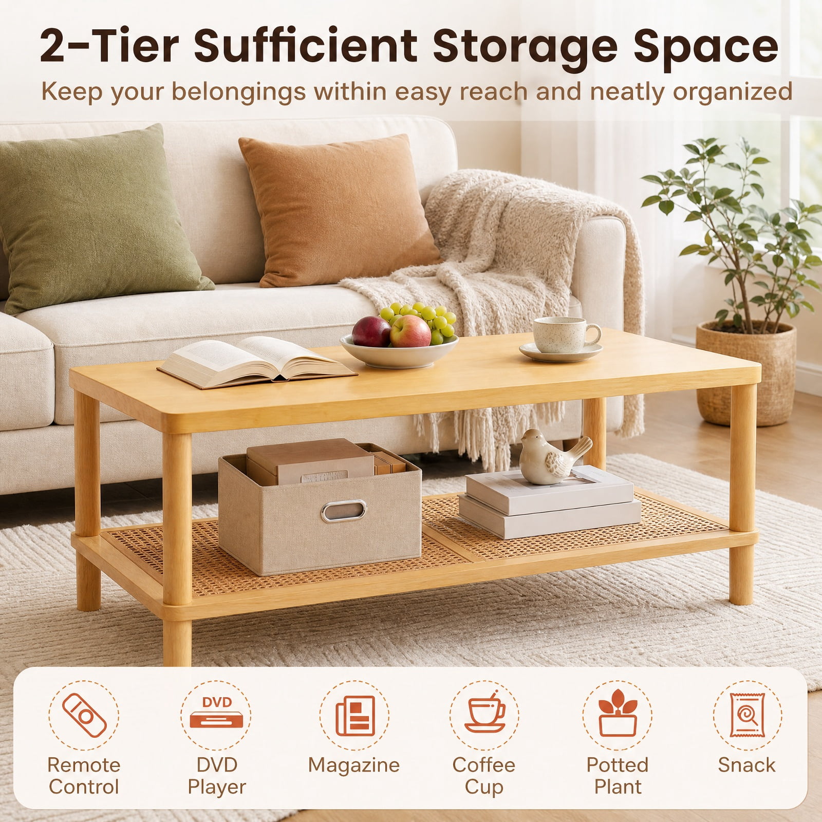 Furnibear 2 Tier Boho Rectangular Coffee Table with Rubber Wood Frame and Faux Rattan Open Storage Shelf for Living Room Home Office, Natural