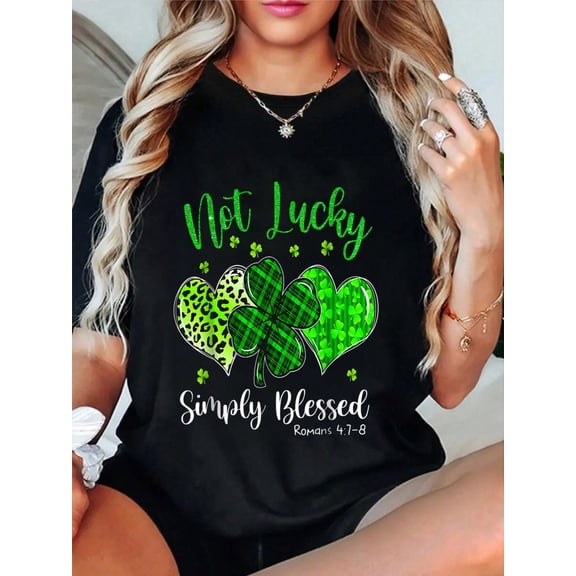 Not Lucky Simply Blessed Clover Plaid Women Short Sleeve Casual T-Shirt