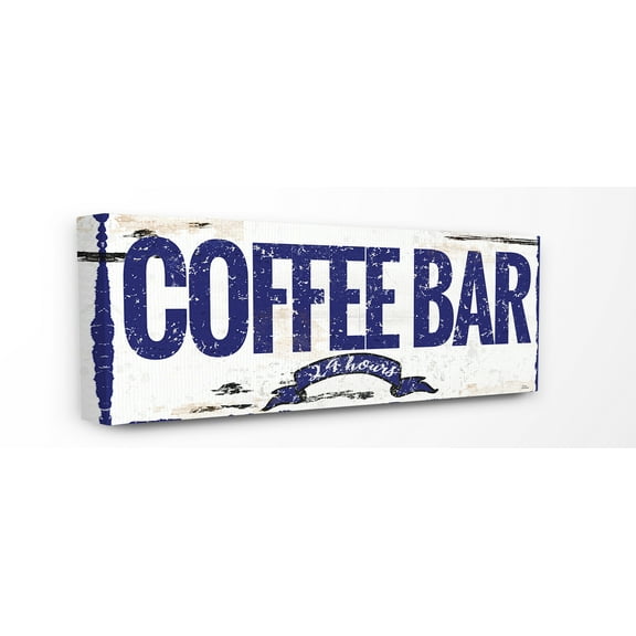 The Stupell Home Decor Collection Blue and White Rustic Coffee Bar 24 Hours Sign with Ribbon Stretched Canvas Wall Art, 10 x 1.5 x 24