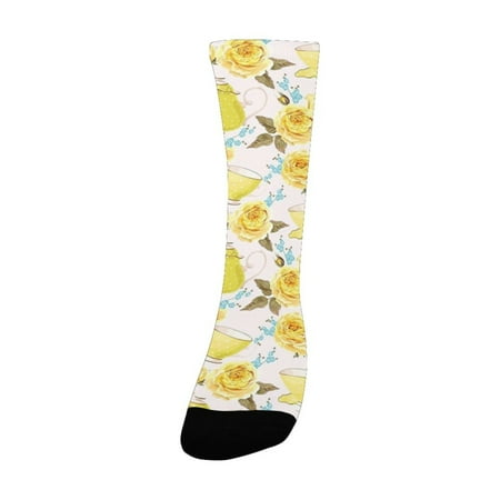 

Kitchen Decor Fairytale Inspired Image Tea Time Cups Pots Floral Details es Yellow Turquoise and Whi Women s Custom Socks (Made In USA)
