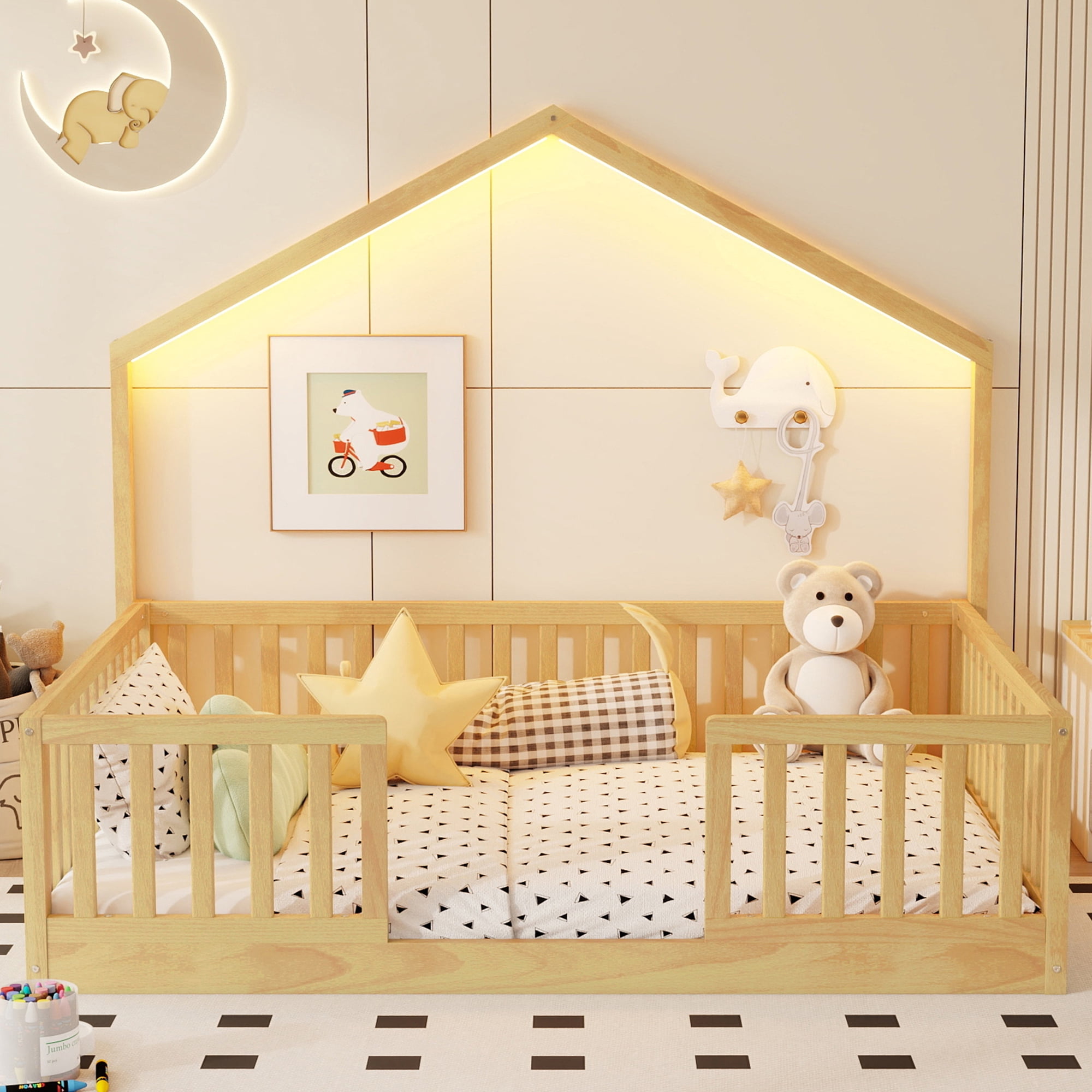 Euroco Wood Full Size Floor Bed with LED Light, Natural