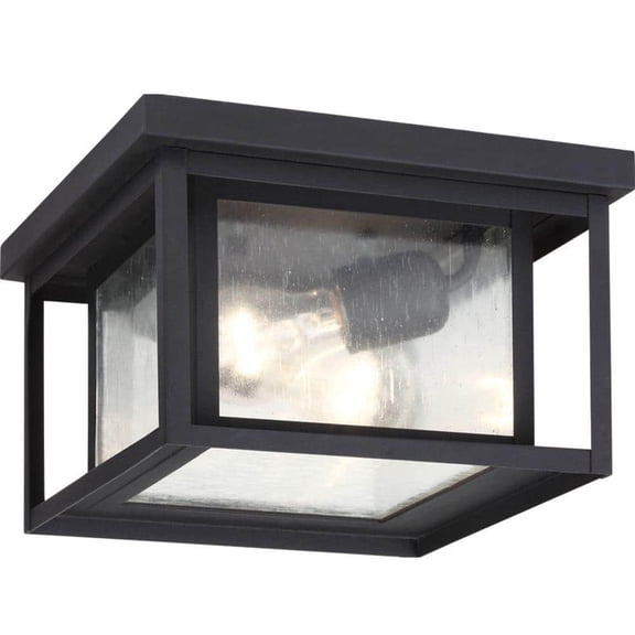 Open Box Sea Gull Lighting Hunnington - Two Light Outdoor Square Flush Mount, Black Finish with Clear Seeded Glass