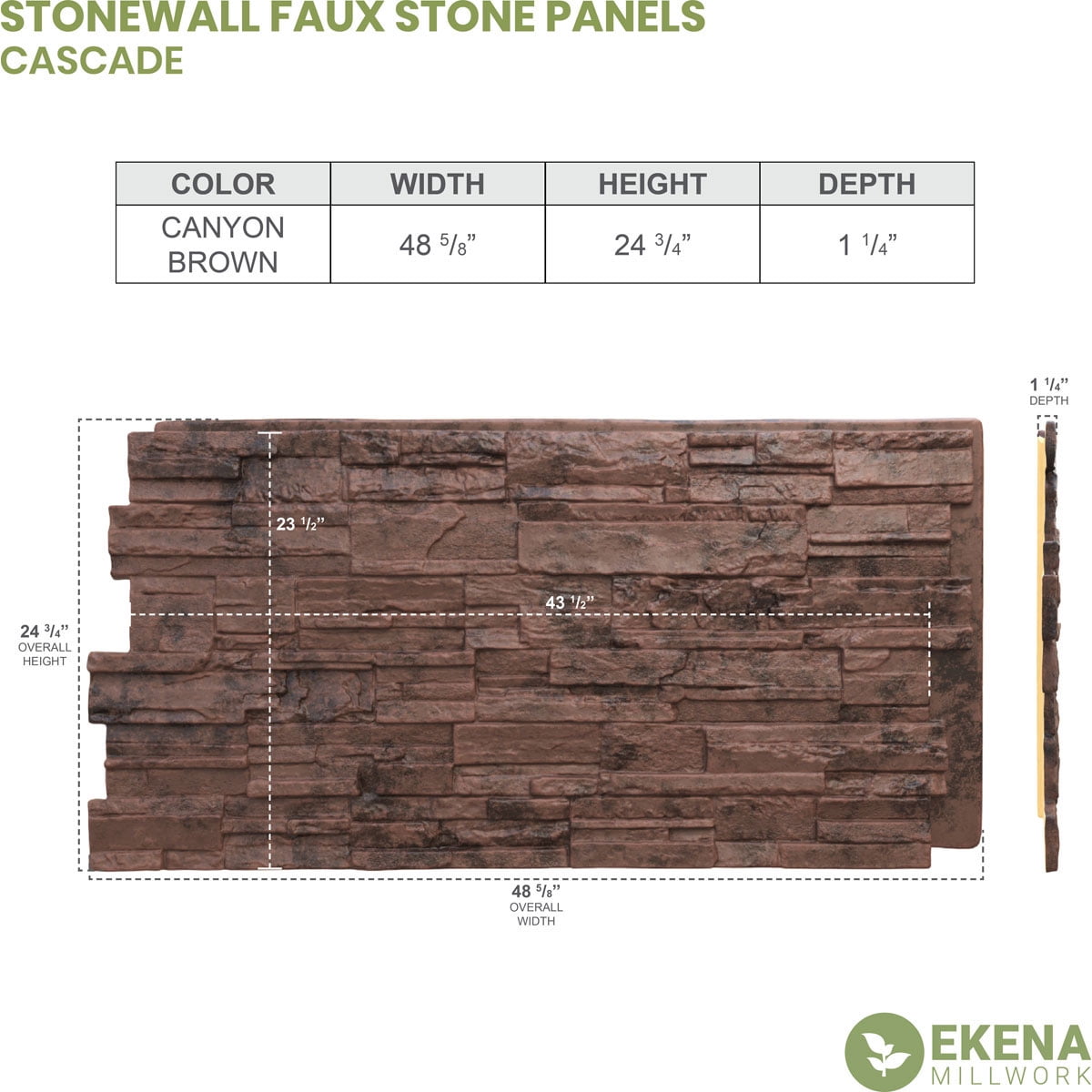 Ekena Millwork 48.625"W x 24.75"H x 1.25"D Cascade Stacked Stone, StoneWall Faux Stone Siding Panel, Canyon Brown