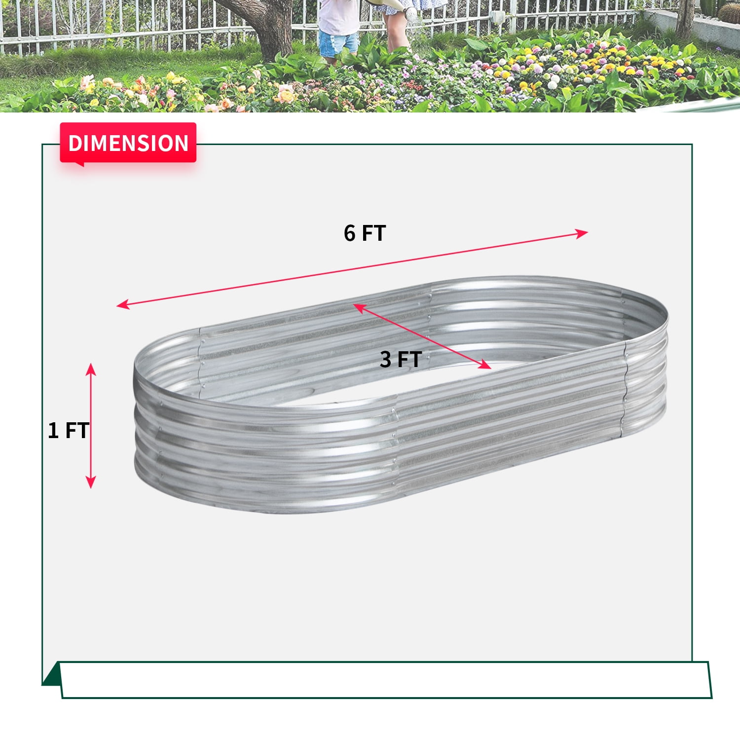 6x3x1ft Galvanized Garden Bed, Outdoor Elevated Raised Garden Bed Vegetables Flowers Garden Bed Galvanized Steel Garden Planter Box, Oval Raised Bed Kit, Silver