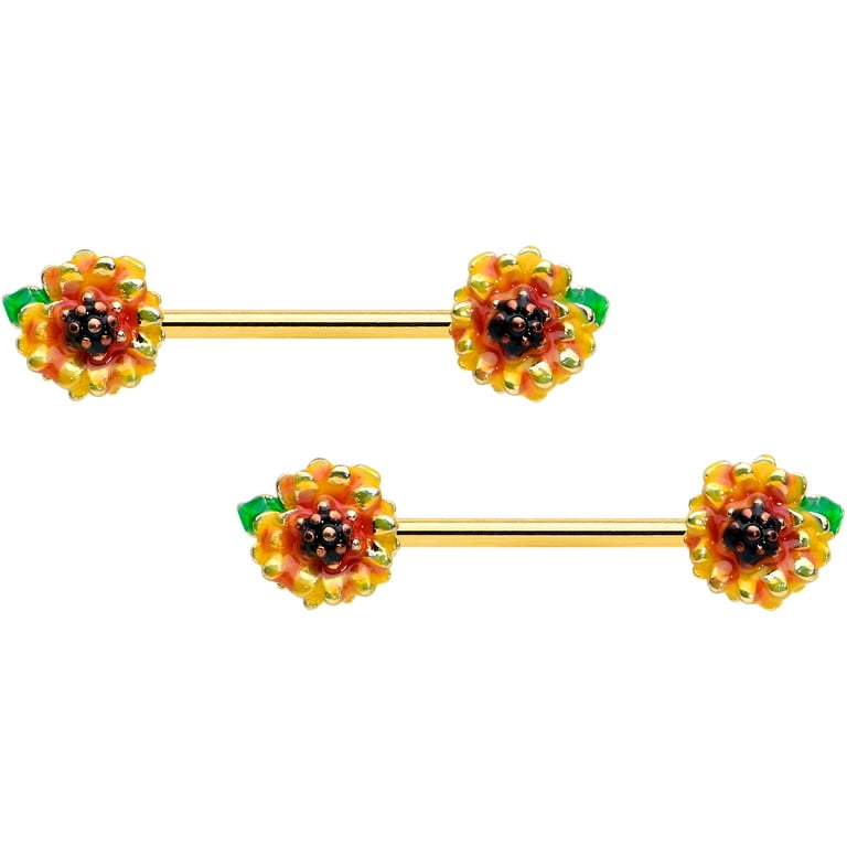 Body Candy 14G Womens Nipplerings Piercing PVD Steel 2Pc Green Yellow Sunflower Nipple Ring Set 9 16