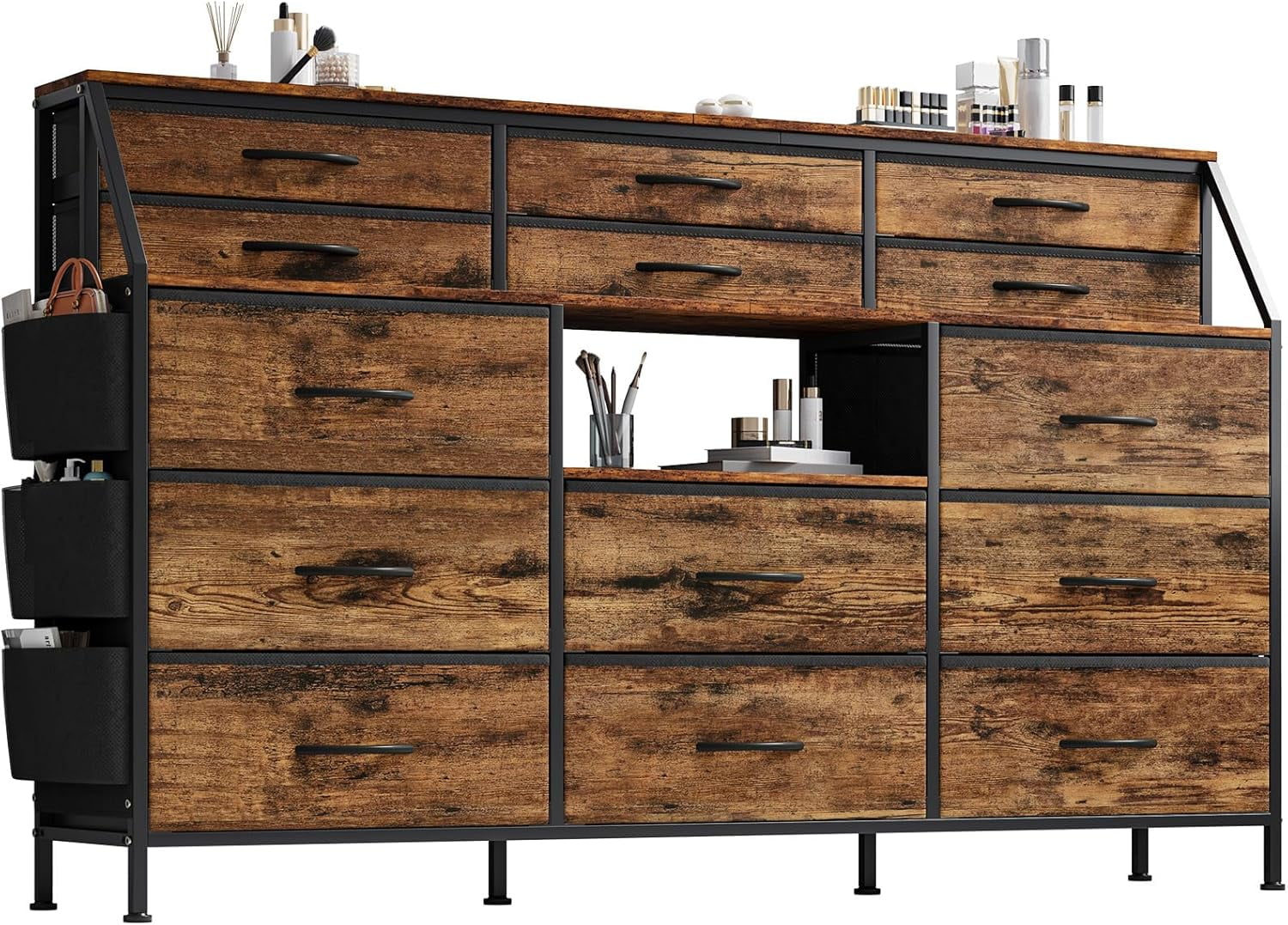 Dresser for Bedroom with 14 Drawers, 55" W Dresser with Side Pocket, Fabric Dressers & Chests of Drawers with Shelves, Sturdy Frame, Wood Top