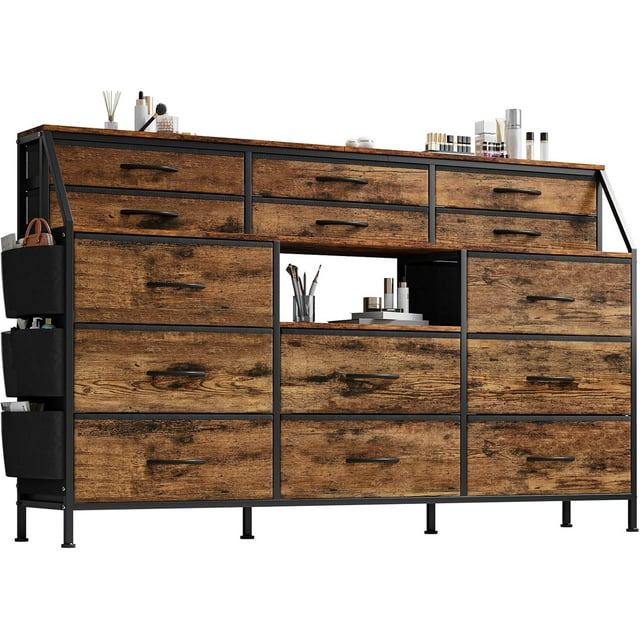 Royalbelle Brun Commode 55 Po Meuble Télé avec 14 Tiroirs en Tissu, Rangement de Chambre