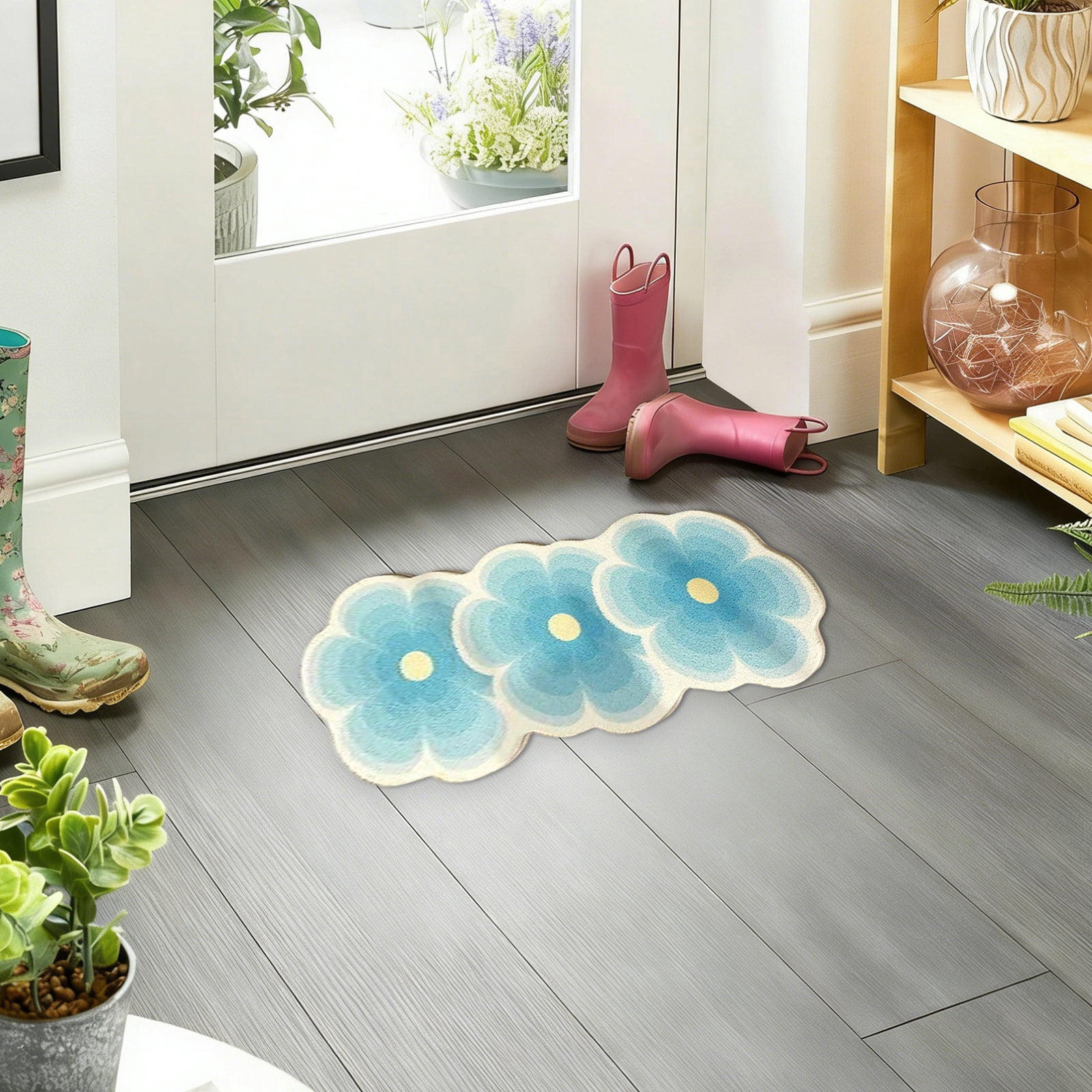 Flower Pattern Non Slip Washable Rugs Floor Mat Entryway Rug Non Slip Kitchen Floor Mats With Rubber Backing For Entrance Bedroom Bathroom Indoor Door Carpet For Home Light Blue