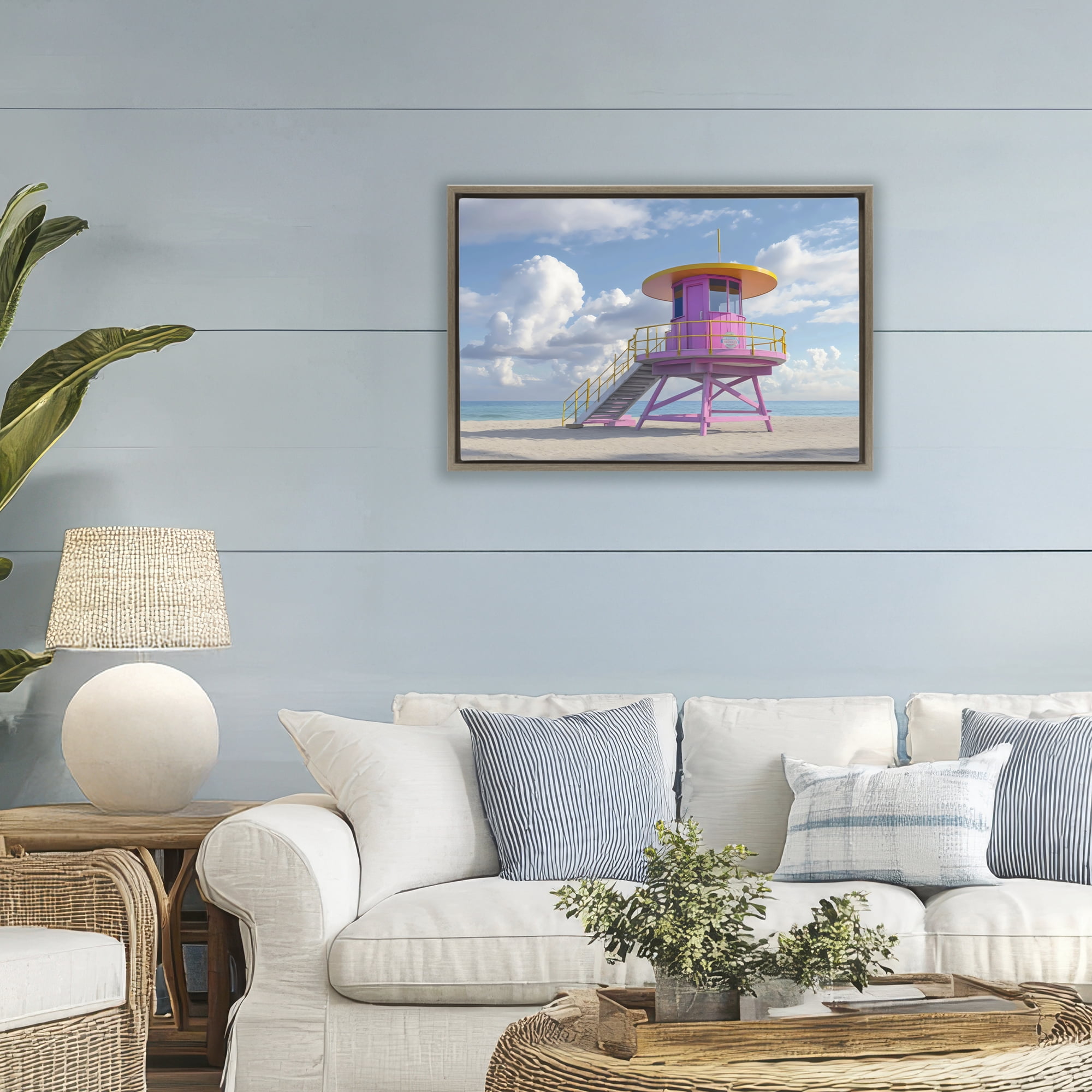 Stupell Industries Miami Beach Tower in Pink Brown Framed Floater Canvas Wall Art, design by Creative Studio