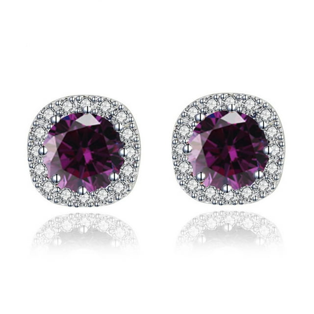 Paris Jewelry Boucles d'Oreilles Clous Halo en Améthyste Créée Ronde 1/2 Ct Plaquée Or Blanc 14k