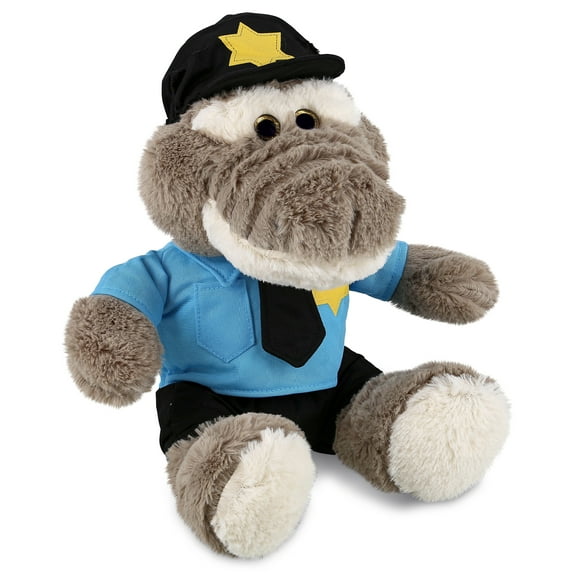 DolliBu Sitting Grey Alligator Police Officer Plush Toy - Super Soft Alligator Cop Stuffed Animal Dress Up Cop Uniform and Cap Outfit, Fluffy Policeman Toy Plush Gift - 9 Inches