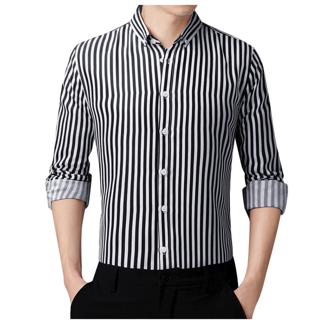 PMUYBHF T-Shirts pour Hommes Manches Longues Mode Décontractée Simplicité Coréenne Slim Rayé Col à Revers Chemise Manches Longues