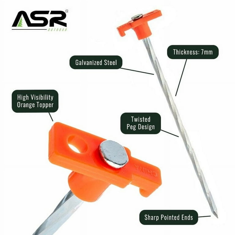 6pc ASR Outdoor Heavy Duty Orange Tent Pegs 8 Inch Tent Stakes Plastic PVC  Topper 