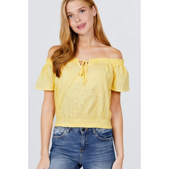 Short Sleeve Off The Shoulder Front Tie Detail Smocked Hem Eyelet Lace Woven Top