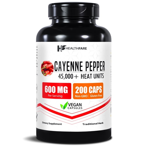 HealthFare Cayenne Pepper Capsules 600mg | 200 Vegan Pills | 45,000 Heat Units (HU) | Cardiovascular, Circulation & Digestive Support | High Potency Herbal Extract | Non-GMO, Gluten-Free | Made in US
