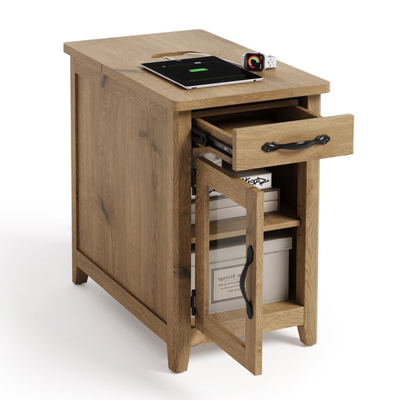 LINSY HOME End Tables for Living Room with Charging Station, Nightstand for Bedroom with Drawer and Detachable Holder,Oak