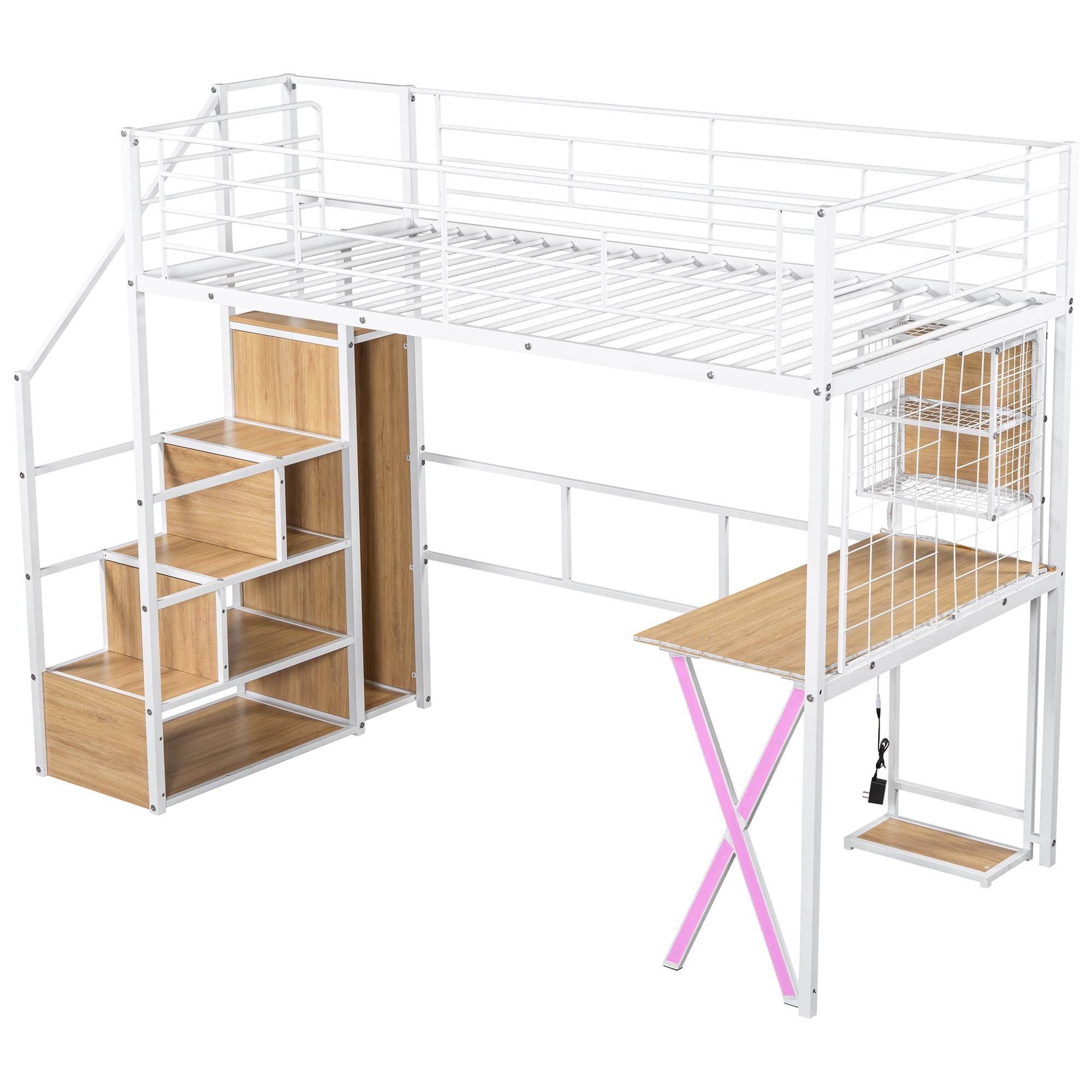 MAYEERTY Twin Size Metal Loft Bed - Built-in Work Station, Wardrobe, Storage Staircase & LED, White
