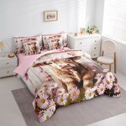 Homewish Highland Cattle Kids Twin Bedding Sets 7-Piece, Pink Blossoms Flower Bedding Comforter Set, Rustic Farmhouse Reversible Sheet Sets, Luxury Bedroom Decor