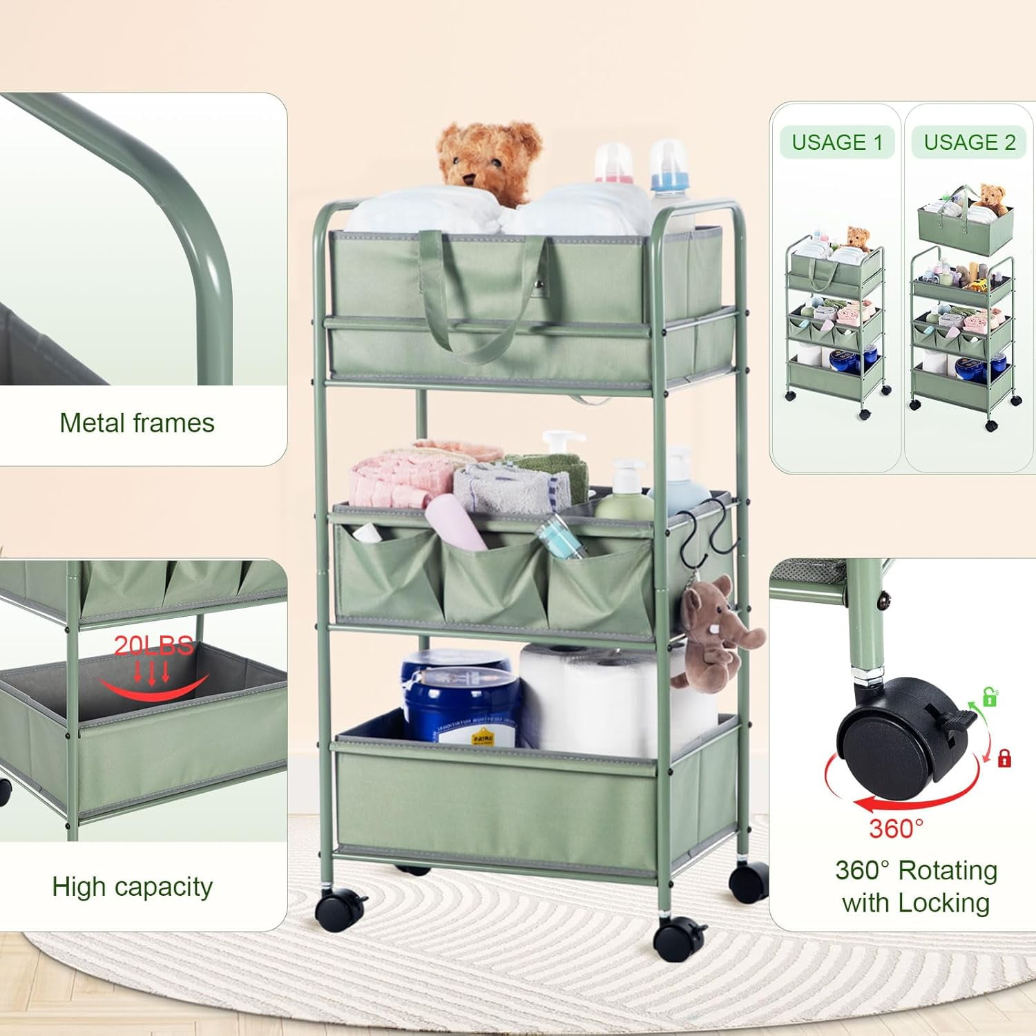 2in1 Baby Diaper Caddy Organizer Cart 3 Tier Large Capacity Metal Utility Bedside Rolling Cart with Divider Newborn Registry Nursery Essential Must Have Crib Bedroom Baby Shower(Colorful)