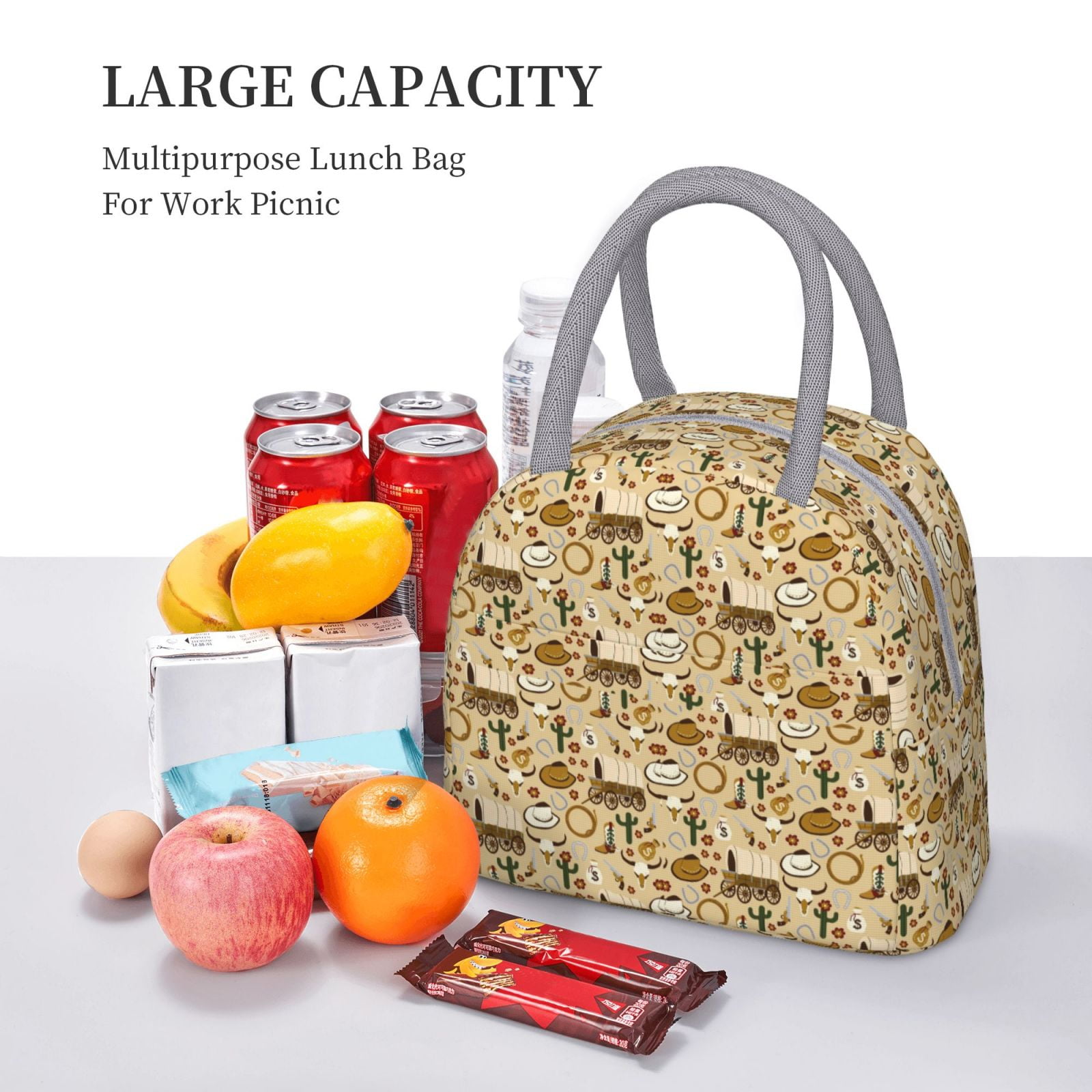 Defioc Wild West Cowboy Print LunchBag for Women and Men - Leakproof Cooler Tote Bag Organizer - Reusable Lunch Box for Office/Picnic/Hiking/Beach