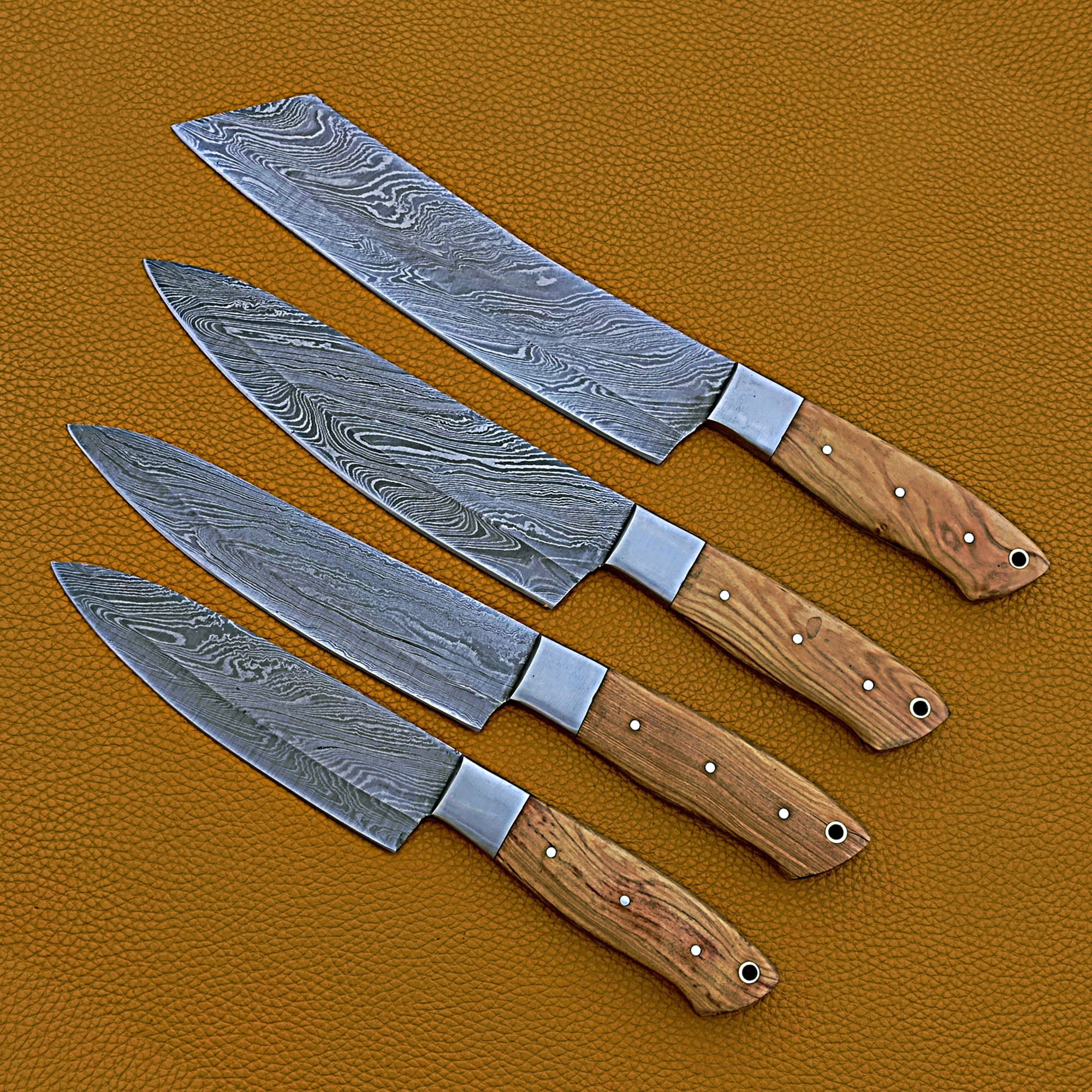 Smart & Sharp Custom Handmade Damascus Chef Knives Set/Kitchen Knives 4 Pieces Set 17408 (Olive Wood)