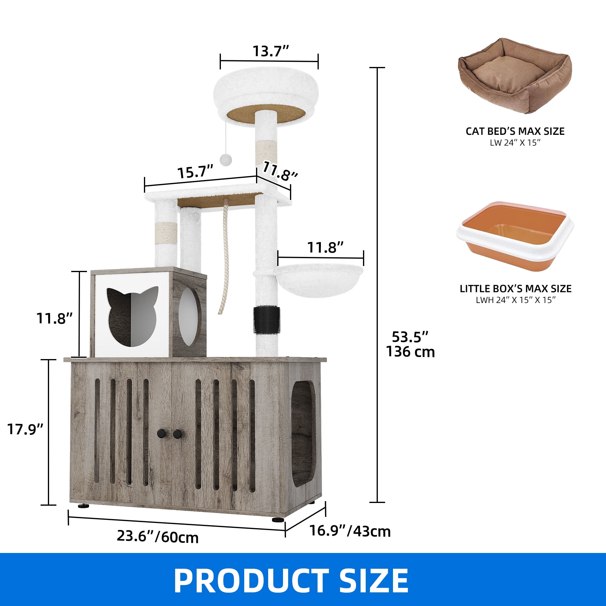 Dextrus 2-in-1 Cat Tree with Litter Box Enclosure,53.5" Large Modern Cat Condo with Scratching Posts, Perch, Food Station, Hammocks, Scratch Post, Gray