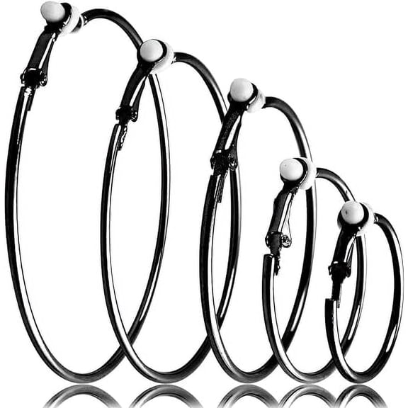 5 Pairs Black Clip on Earring Hoops Non Piercing Earrings Clips for Women, 5 Sizes