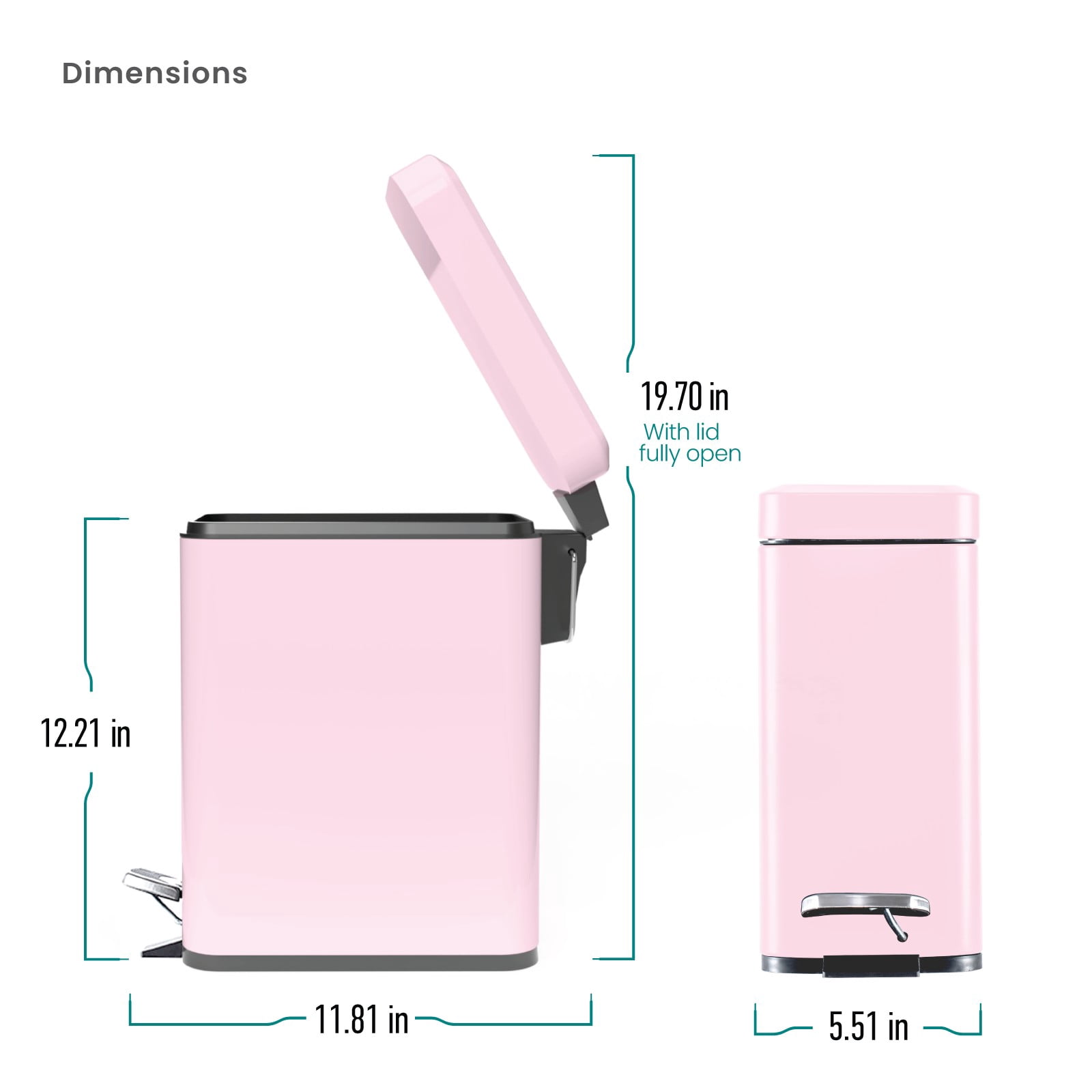 Home Zone Living 1.3 Gallon Slim Stainless Steel Trash Can with Step On Pedal and Soft Close Lid, Pink