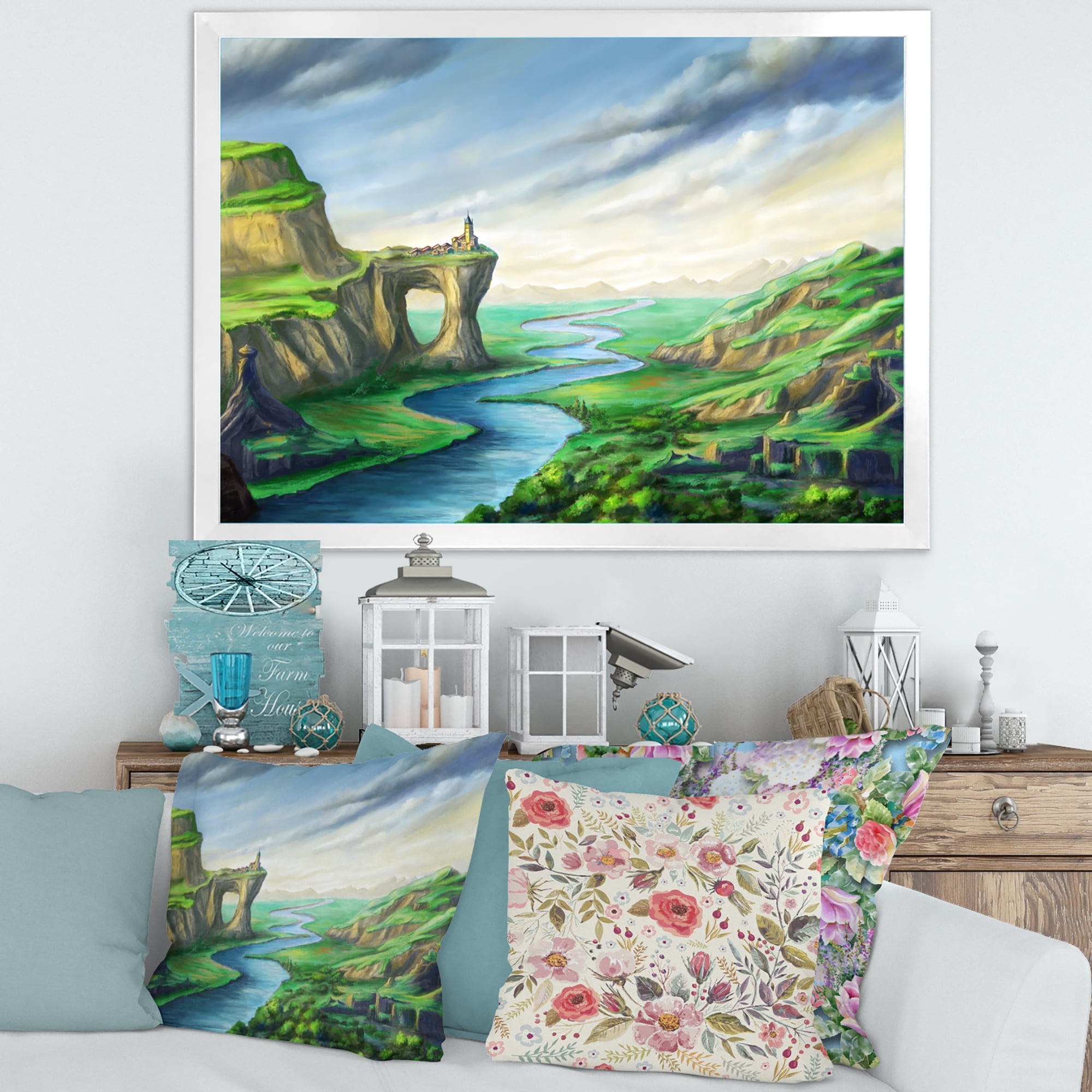 Meandering River With Blue Fantasy Landscape 32 in x 24 in Framed Painting Canvas Art Print, by Designart