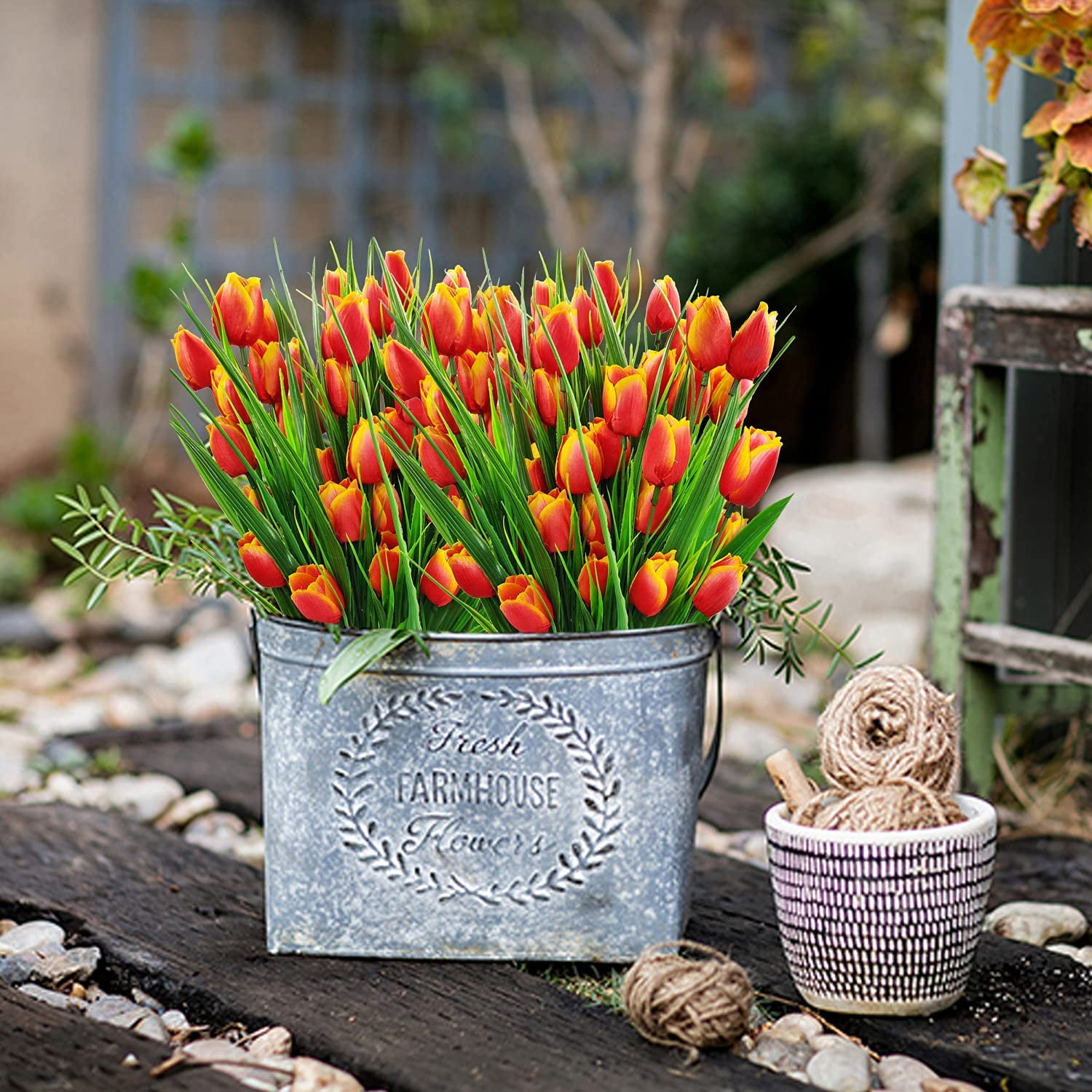 Outdoor Artificial Tulips Fake Flowers UV Resistant Faux Plastic Greenery Shrubs Plants for Home Outside Garden Porch Window Farmhouse Decor (Orange)