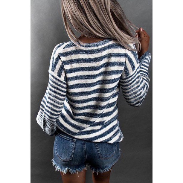 ABPHQTO Jersey de mujer de punto azul a rayas con lazo