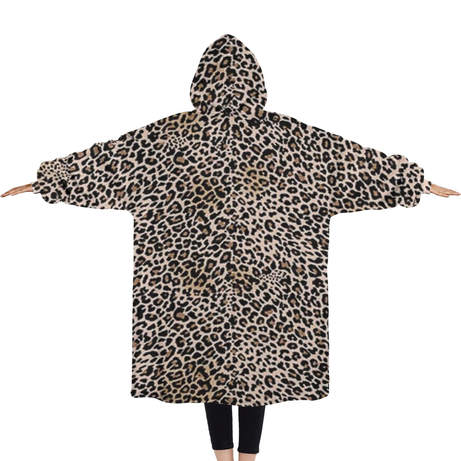 Oversized Wearable Blanket Hoodie,Black and Tan Leopard Print Sherpa Blanket Hoodie with Super Pockets,Super Warm Fuzzy Pullover for Women & Men