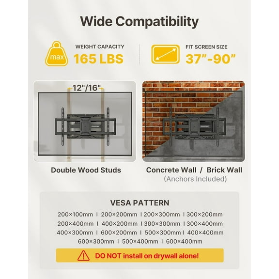 Heavy Duty TV Wall Mount - Full Motion TV Mount for 37-90 Inch TVs