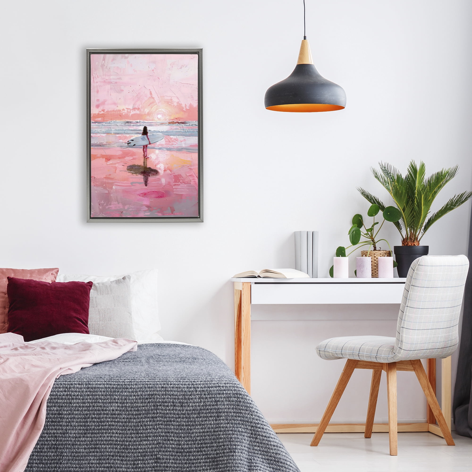 Stupell Industries Surfer at Pink Sunset Gray Framed Floater Canvas Wall Art, design by Creative Studio
