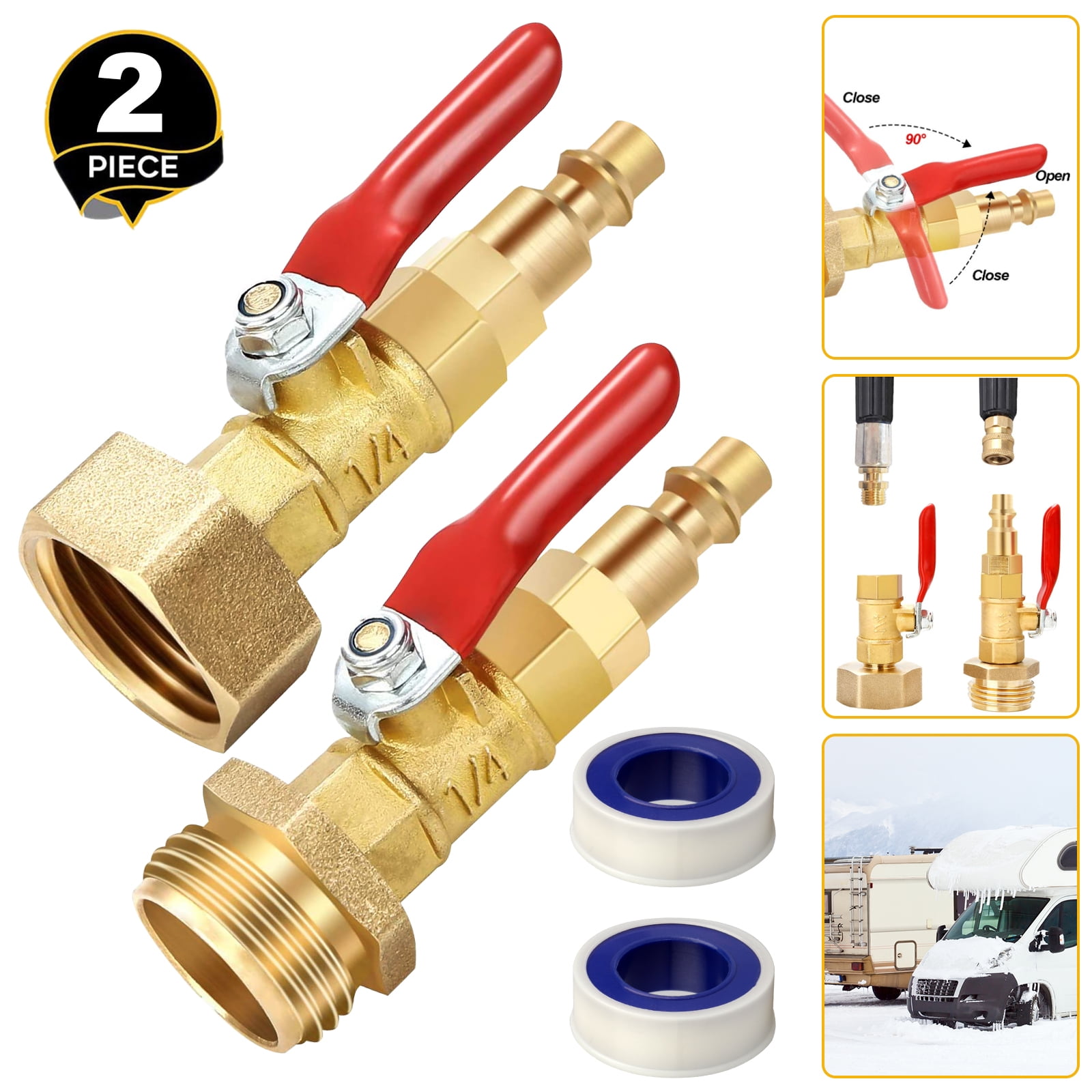 Brass Winterizing Quick Blowout Adapter with Ball Valve Pack of 2 QWORK Winterize Adapter with 1/4 Inch Male Quick Connecting Plug and 3/4 inch Male GHT Thread 