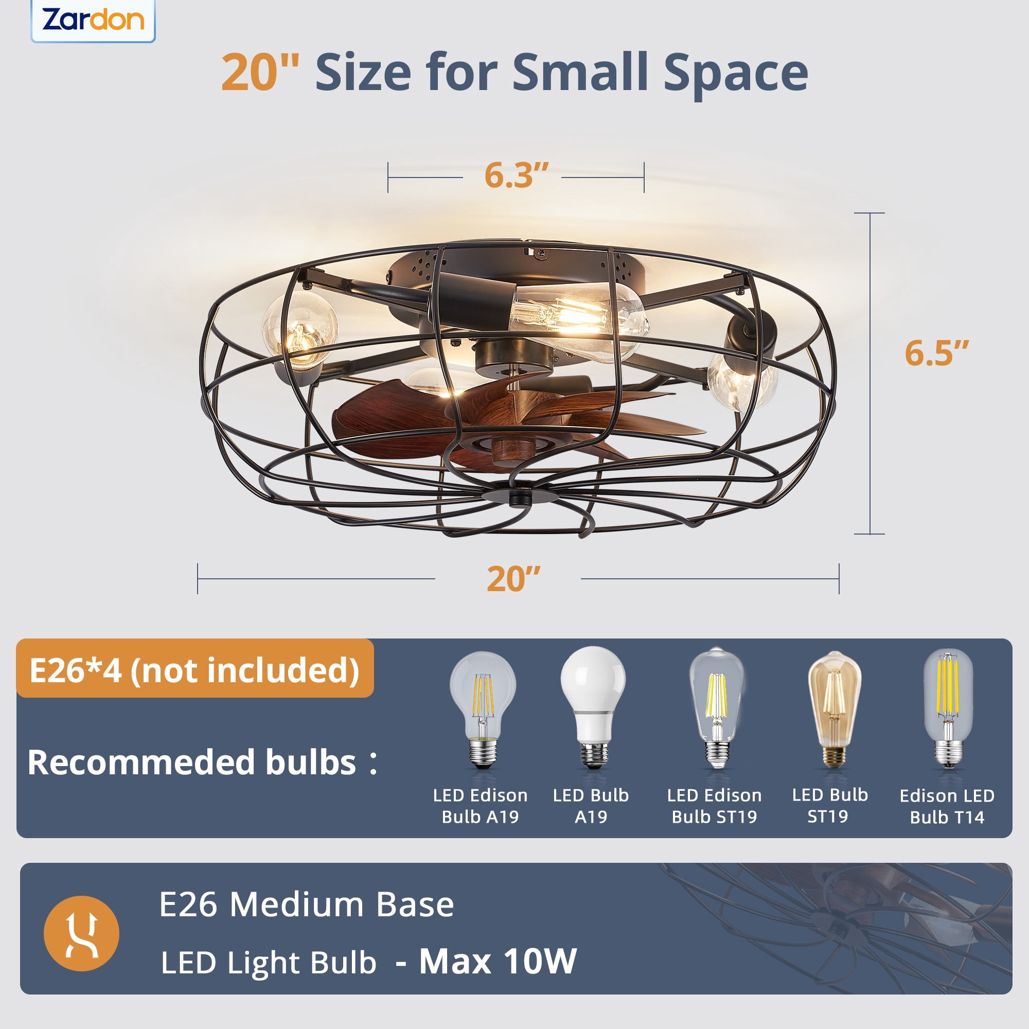 Zardon 20 inch Caged Ceiling Fan with Light, Remote Control, 6-Speed Adjustable, Ideal for Indoor Use