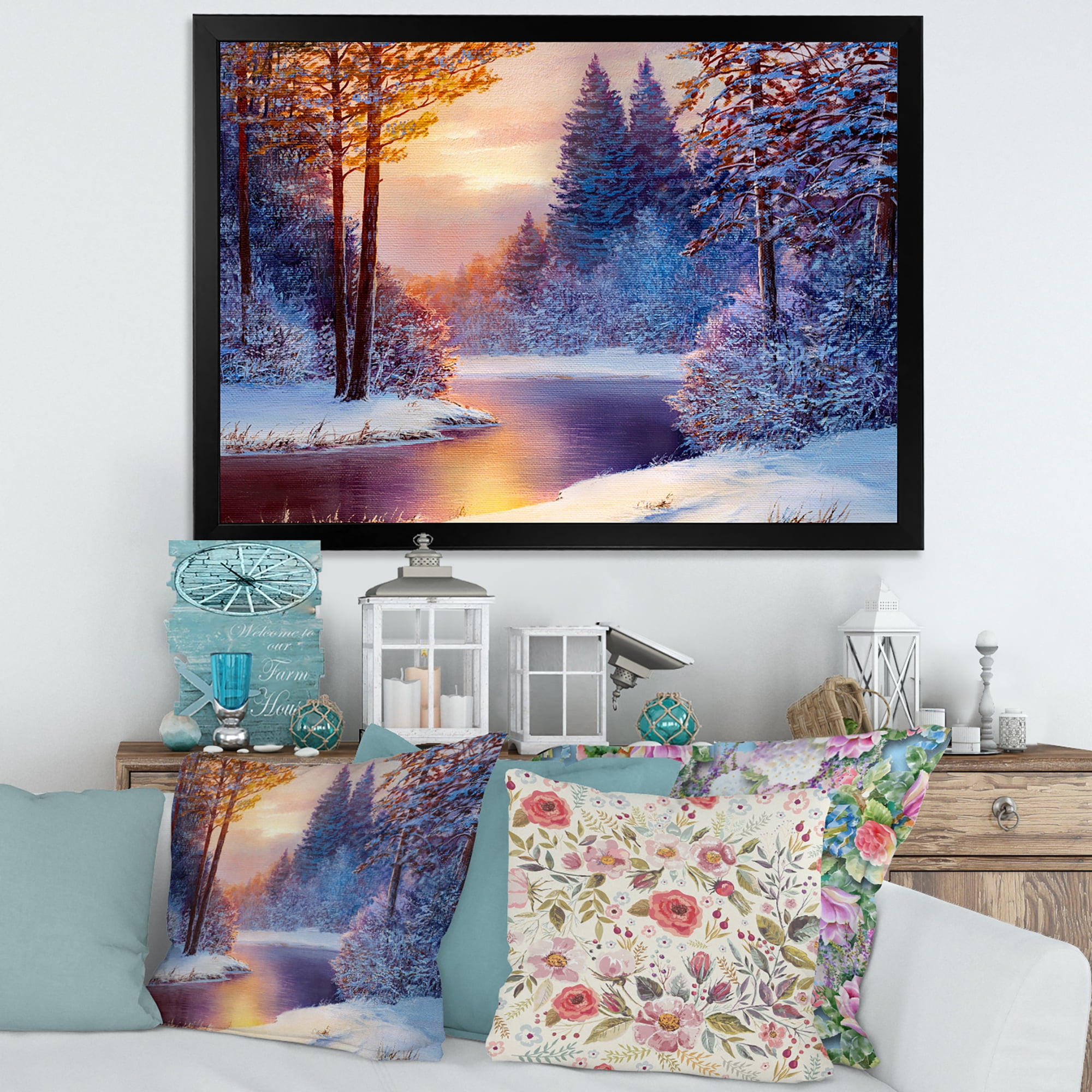 Designart 'Dark Blue Silhouettes of Trees With Winding River' Lake House Framed Art Print