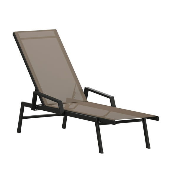 Flash Furniture Brazos Adjustable Chaise Lounge Chair with Arms, All-Weather Outdoor Five-Position Recliner, Black/Brown
