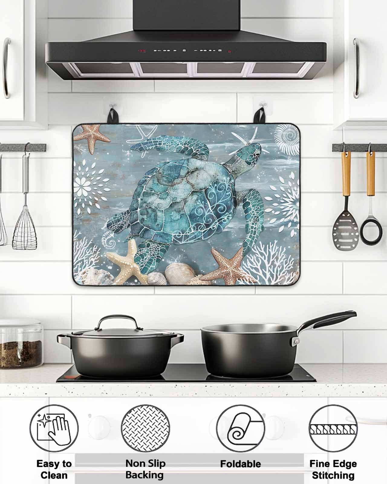Stove Top Covers for Electric Stove, Blue Turtle Coastal Glass Stovetop Cover Protector, Summer Beach Ocean Starfish Coral Induction Cooktop Protector Oven Mat for Kitchen Countertop 24"x21"