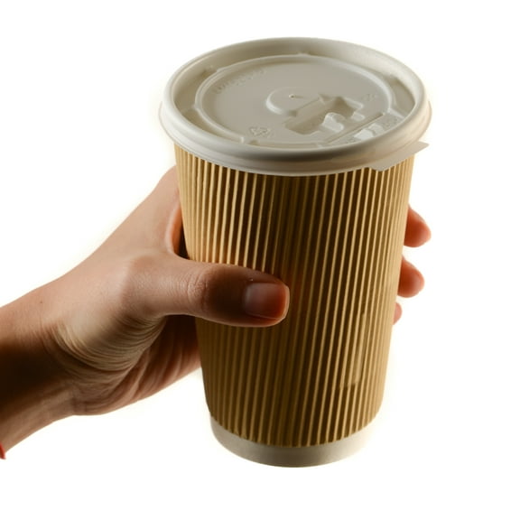 [300 Pack] 16oz Disposable RippIe Paper Hot Coffee Cups with White Flat Lids - Double Walled Insulated Disposable Hot Tea Cups - Bio Degradable, Eco Friendly, Beverage, To Go, Large Coffee Cups