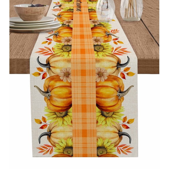 Yellow Orange Pumpkins Fall Burlap-Cotton Table Runner 72 Inches Long,Thanksgiving Hello Autumn Rustic Farmhouse Table Runners,Outdoor Dining Tablecloths Decor for Baby Shower Party Wedding 14x72