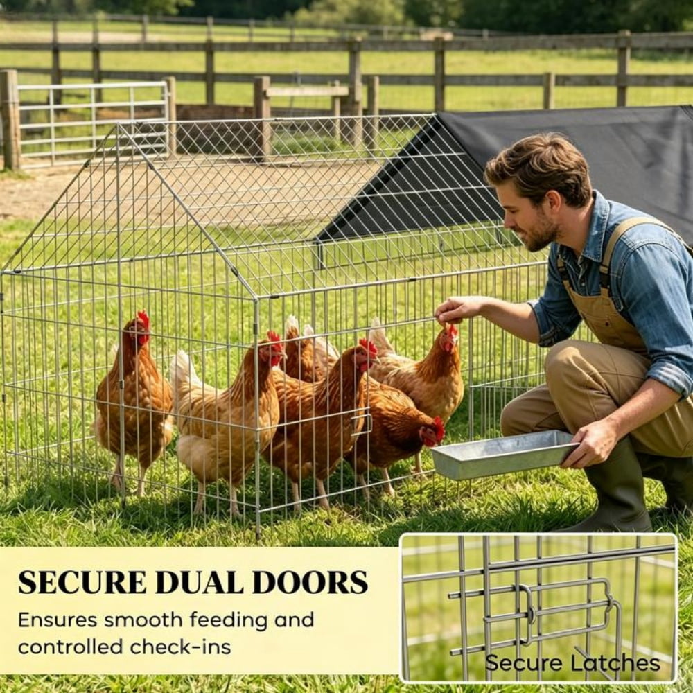 Outdoor Large Metal Chicken Coop Run, Poultry Rabbit Cage with Oxford Shade Canopy, Sturdy Powder Coated Steel Pet House for Chickens Ducks Rabbits Kittens Backyard Farm Use